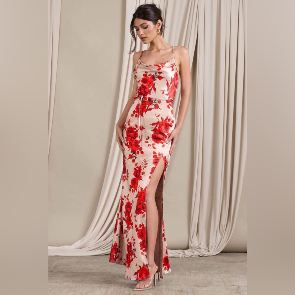 Champagne Floral Print Cowl Neck Satin Maxi Dress